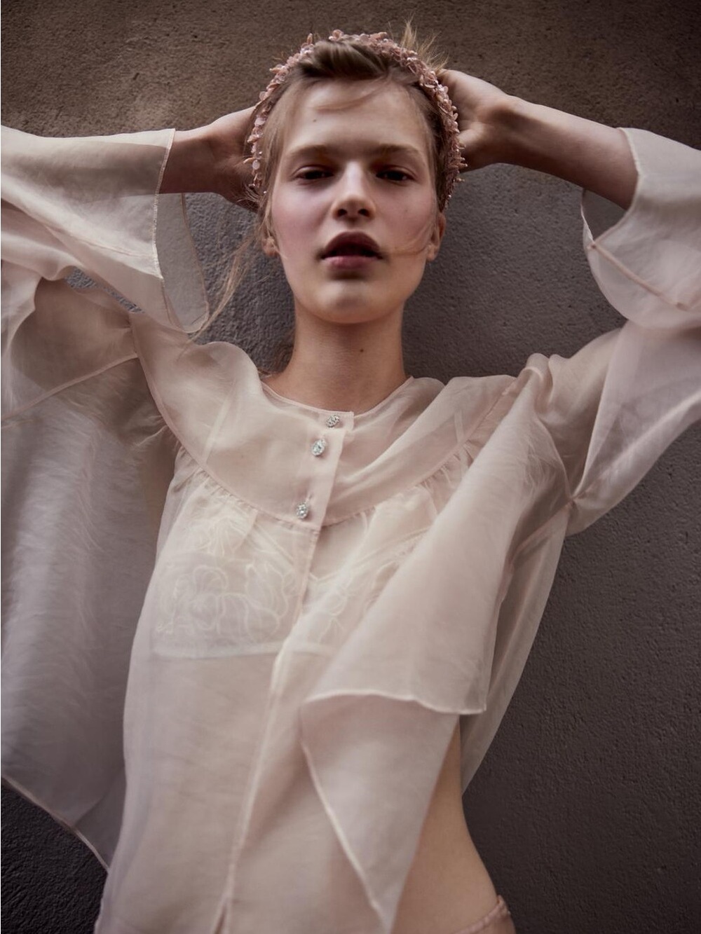 Zara Sheer Pink-Cream Ruffle Blouse